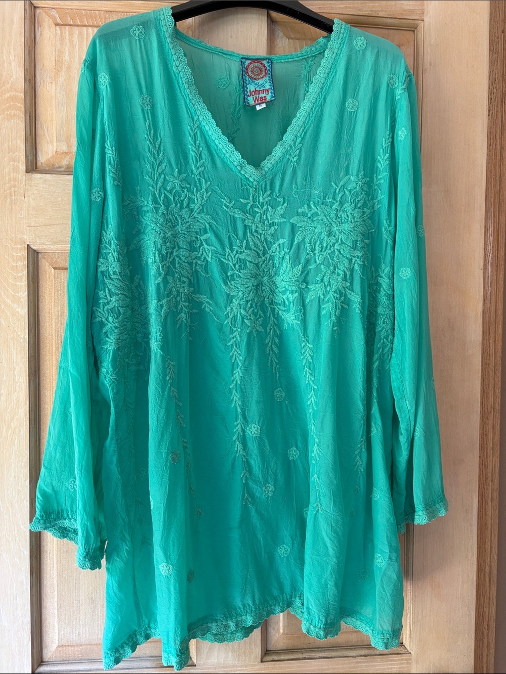 Johnny Was Teal Green Tunic with Floral Embroidery 1X